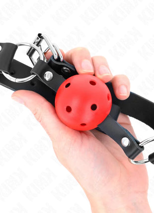 KINK - ATMUNGSAKTIVER BALL 4 CM KNEBEL MIT DOPPELNIET ROT 62,5 x 2,5 CM VERSTELLBAR 42-58 CM