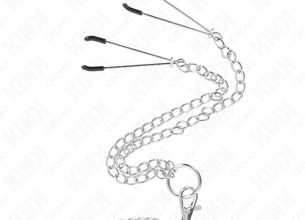 KINK - DREIFACH CHROM METALL PENISRING 3,8 CM BIS 5 CM MIT 26 CM METALLKETTE UND NIPPELKLEMMEN MODELL 2