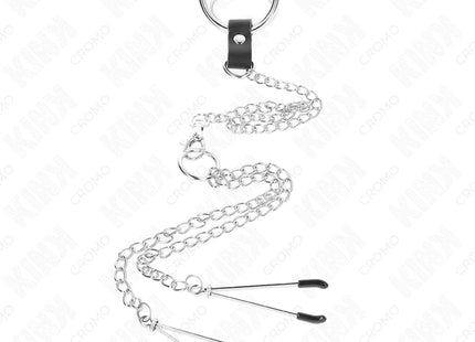 KINK - DREIFACH CHROM METALL PENISRING 3,8 CM BIS 5 CM MIT 26 CM METALLKETTE UND NIPPELKLEMMEN MODELL 2