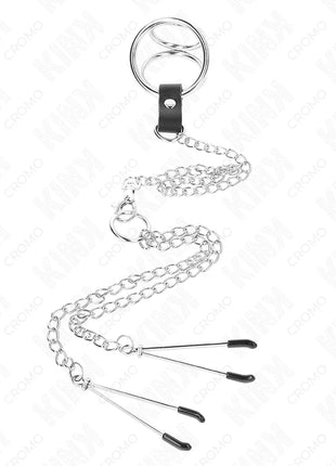 KINK - DREIFACH CHROM METALL PENISRING 3,8 CM BIS 5 CM MIT 26 CM METALLKETTE UND NIPPELKLEMMEN MODELL 2