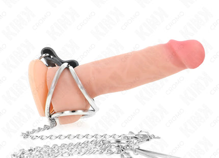 KINK - DREIFACH CHROM METALL PENISRING 3,8 CM BIS 5 CM MIT 26 CM METALLKETTE UND NIPPELKLEMMEN MODELL 2