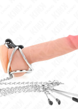 KINK - DREIFACH CHROM METALL PENISRING 3,8 CM BIS 5 CM MIT 26 CM METALLKETTE UND NIPPELKLEMMEN MODELL 2