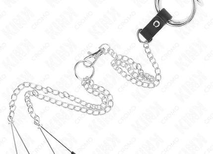 KINK - DREIFACH CHROM METALL PENISRING 3,8 CM BIS 5 CM MIT 26 CM METALLKETTE UND NIPPELKLEMMEN MODELL 2