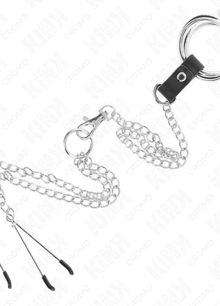KINK - DREIFACH CHROM METALL PENISRING 3,8 CM BIS 5 CM MIT 26 CM METALLKETTE UND NIPPELKLEMMEN MODELL 2