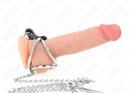 KINK - DREIFACH CHROM METALL PENISRING 3 CM BIS 4,5 CM MIT 26 CM METALLKETTE UND BRUSTKLAMMERN