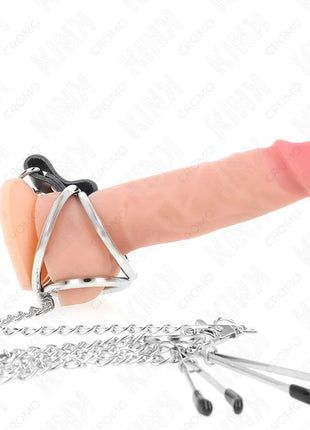 KINK - DREIFACH CHROM METALL PENISRING 3 CM BIS 4,5 CM MIT 26 CM METALLKETTE UND BRUSTKLAMMERN