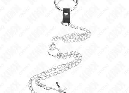 KINK - DREIFACH CHROM METALL PENISRING 3 CM BIS 4,5 CM MIT 26 CM METALLKETTE UND BRUSTKLAMMERN
