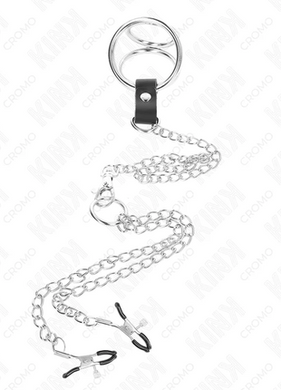 KINK - DREIFACH CHROM METALL PENISRING 3 CM BIS 4,5 CM MIT 26 CM METALLKETTE UND BRUSTKLAMMERN