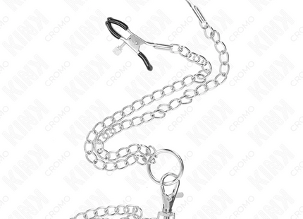 KINK - DREIFACH CHROM METALL PENISRING 3 CM BIS 4,5 CM MIT 26 CM METALLKETTE UND BRUSTKLAMMERN