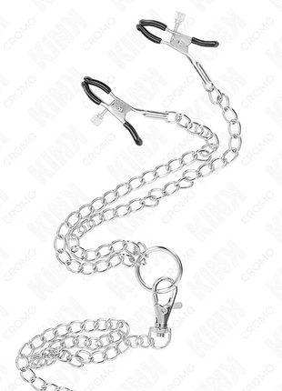 KINK - DREIFACH CHROM METALL PENISRING 3 CM BIS 4,5 CM MIT 26 CM METALLKETTE UND BRUSTKLAMMERN