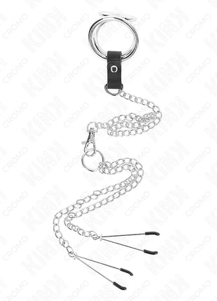 KINK - DREIFACH CHROM METALL PENISRING 3 CM BIS 4,5 CM MIT 26 CM METALLKETTE UND BRUSTKLAMMERN
