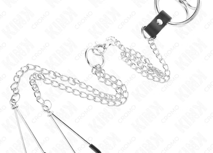 KINK - DREIFACH CHROM METALL PENISRING 3 CM BIS 4,5 CM MIT 26 CM METALLKETTE UND BRUSTKLAMMERN