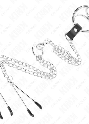 KINK - DREIFACH CHROM METALL PENISRING 3 CM BIS 4,5 CM MIT 26 CM METALLKETTE UND BRUSTKLAMMERN