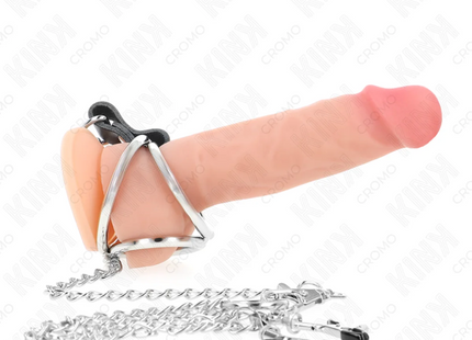 KINK - DREIFACH CHROM METALL PENISRING 3 CM BIS 4,5 CM MIT 26 CM METALLKETTE UND BRUSTKLAMMERN