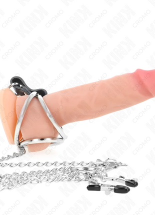 KINK - DREIFACH CHROM METALL PENISRING 3 CM BIS 4,5 CM MIT 26 CM METALLKETTE UND BRUSTKLAMMERN