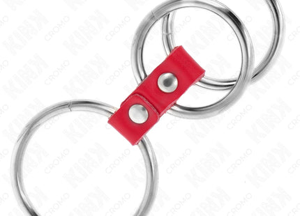 KINK - DREIFACH METALL PENISRING 3,7 CM BIS 5 CM VERBUNDEN MIT ROTEM LEDER