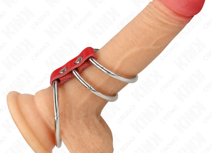 KINK - DREIFACH METALL PENISRING 3,7 CM BIS 5 CM VERBUNDEN MIT ROTEM LEDER