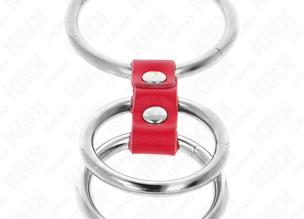 KINK - DREIFACH METALL PENISRING 3,7 CM BIS 5 CM VERBUNDEN MIT ROTEM LEDER