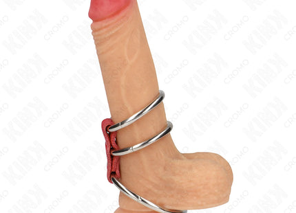 KINK - DREIFACH METALL PENISRING 3,7 CM BIS 5 CM VERBUNDEN MIT ROTEM LEDER