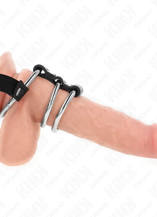 KINK - DREIFACH METALL PENISRING 3,8 CM BIS 5 CM MIT LEDERGURTE 112 CM