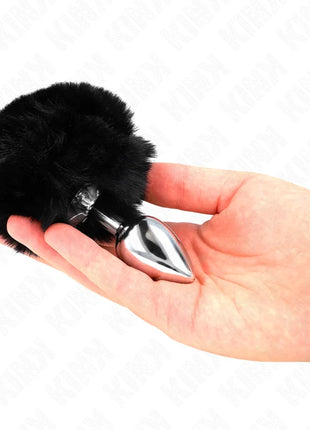KINK - EDELSTAHL-PLUG 7 x 3 CM MIT SCHWARZEM KANINCHENSCHWANZ AUS KUNSTFELL 8 CM