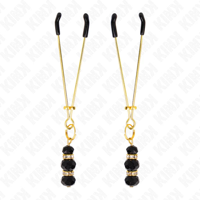 KINK - GOLDENE DÜNNE NIPPELKLEMMEN MIT 3 SCHWARZEN GLASPERLEN 7 CM