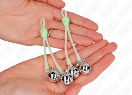 KINK - LEUCHTENDE TOTENKOPF-NIPPELKLAMMERN MIT RINGGLÖCKCHEN VERSTELLBAR GRÜN/SILBER