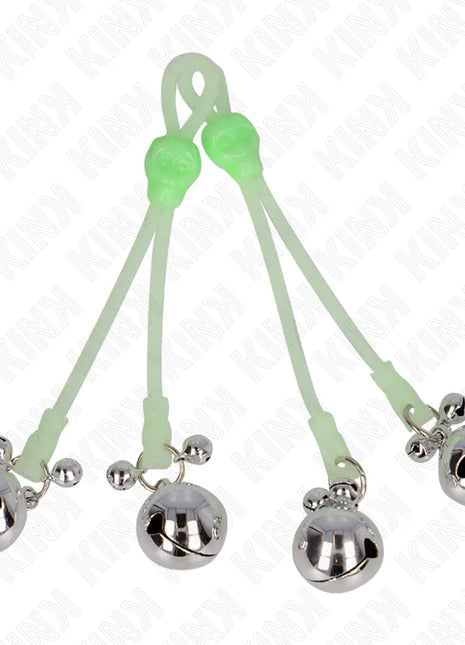 KINK - LEUCHTENDE TOTENKOPF-NIPPELKLAMMERN MIT RINGGLÖCKCHEN VERSTELLBAR GRÜN/SILBER