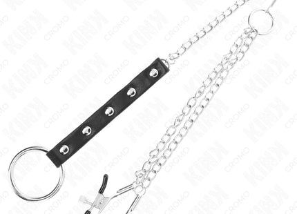 KINK - METALL-PENISRING MIT KETTE UND VERSTELLBAREN BRUSTKLAMMERN