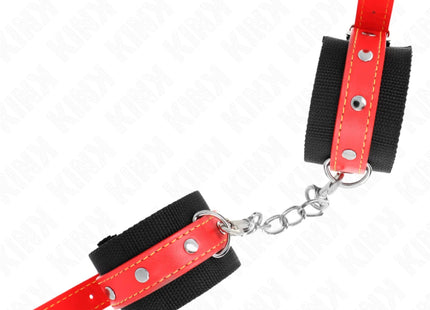 KINK - NYLON HANDGELENKFESSELN SCHWARZ MIT KUNSTLEDER ROT VERSTELLBAR 19-24 CM X 5,5 CM