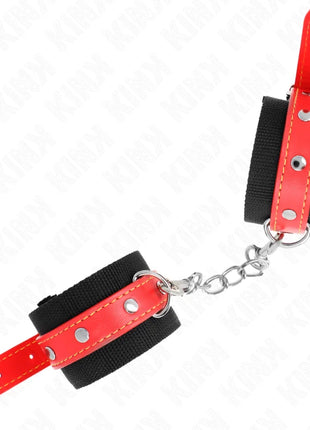 KINK - NYLON HANDGELENKFESSELN SCHWARZ MIT KUNSTLEDER ROT VERSTELLBAR 19-24 CM X 5,5 CM