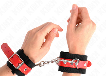 KINK - NYLON HANDGELENKFESSELN SCHWARZ MIT KUNSTLEDER ROT VERSTELLBAR 19-24 CM X 5,5 CM