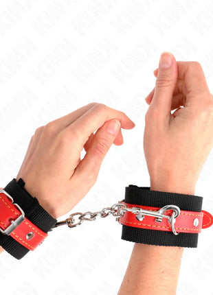 KINK - NYLON HANDGELENKFESSELN SCHWARZ MIT KUNSTLEDER ROT VERSTELLBAR 19-24 CM X 5,5 CM