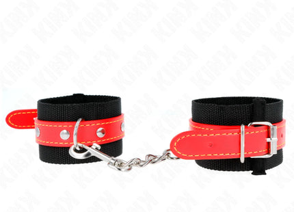 KINK - NYLON HANDGELENKFESSELN SCHWARZ MIT KUNSTLEDER ROT VERSTELLBAR 19-24 CM X 5,5 CM