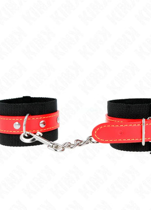 KINK - NYLON HANDGELENKFESSELN SCHWARZ MIT KUNSTLEDER ROT VERSTELLBAR 19-24 CM X 5,5 CM