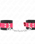 KINK - NYLON HANDGELENKFESSELN SCHWARZ MIT KUNSTLEDERGÜRTEL HIMBEERROSA VERSTELLBAR 19-29 CM X 5,1 CM