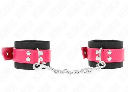 KINK - NYLON HANDGELENKFESSELN SCHWARZ MIT KUNSTLEDERGÜRTEL HIMBEERROSA VERSTELLBAR 19-29 CM X 5,1 CM