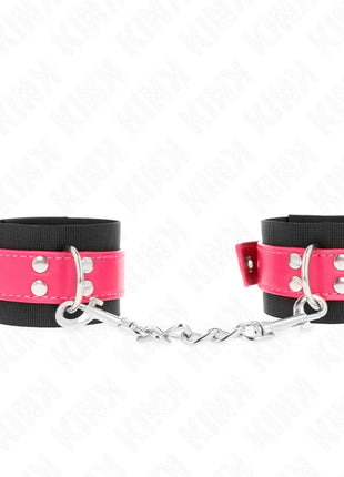 KINK - NYLON HANDGELENKFESSELN SCHWARZ MIT KUNSTLEDERGÜRTEL HIMBEERROSA VERSTELLBAR 19-29 CM X 5,1 CM