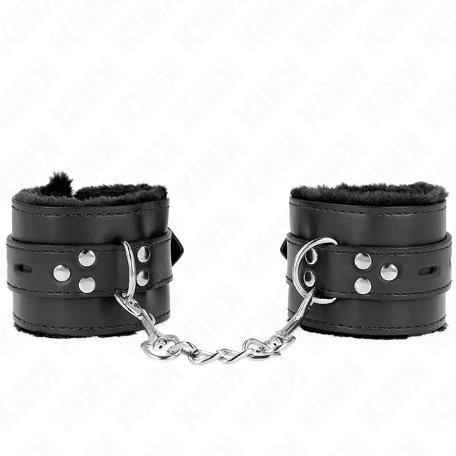 KINK - PELZGEFÜTTERTE HANDGELENKFESSELN MIT QUADRATISCHEN LÖCHERN SCHWARZ UND SCHWARZ VERSTELLBARER GÜRTEL 17-29 CM X 6
