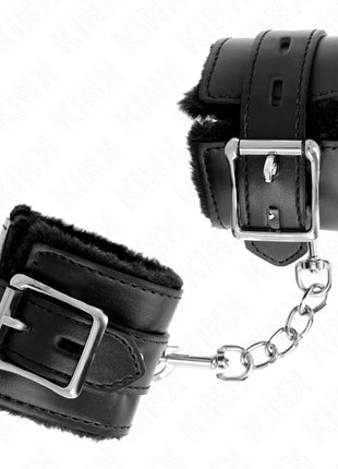 KINK - PELZGEFÜTTERTE HANDGELENKFESSELN MIT QUADRATISCHEN LÖCHERN SCHWARZ UND SCHWARZ VERSTELLBARER GÜRTEL 17-29 CM X 6
