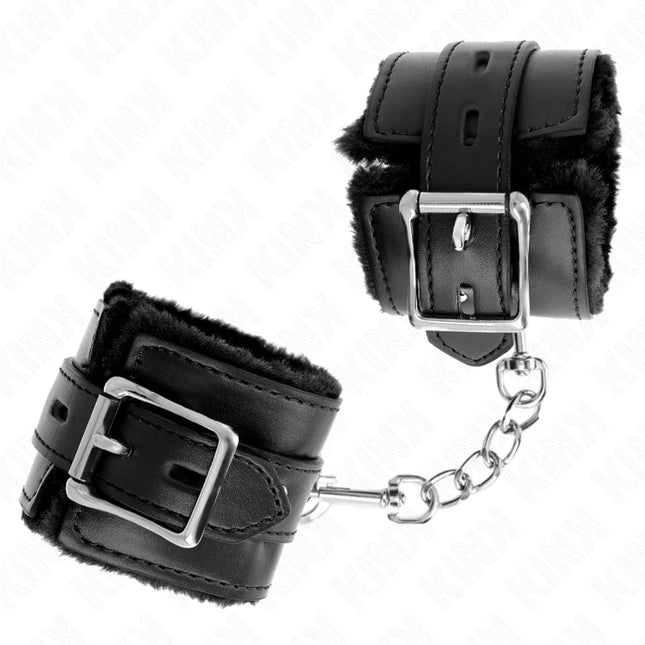 KINK - PELZGEFÜTTERTE HANDGELENKFESSELN MIT QUADRATISCHEN LÖCHERN SCHWARZ UND SCHWARZ VERSTELLBARER GÜRTEL 17-29 CM X 6