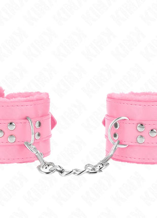 KINK - PELZGEFÜTTERTE HANDGELENKFESSELN MIT QUADRATISCHEN LÖCHERN ROSA UND ROSA GÜRTEL VERSTELLBAR 17-29 CM X 6 CM