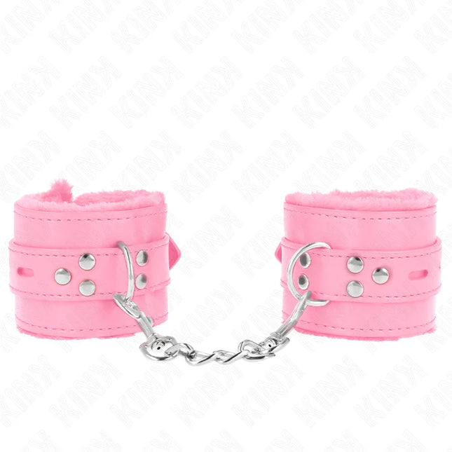 KINK - PELZGEFÜTTERTE HANDGELENKFESSELN MIT QUADRATISCHEN LÖCHERN ROSA UND ROSA GÜRTEL VERSTELLBAR 17-29 CM X 6 CM