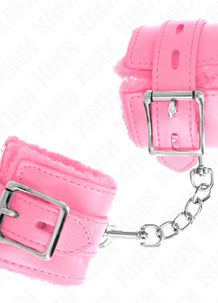 KINK - PELZGEFÜTTERTE HANDGELENKFESSELN MIT QUADRATISCHEN LÖCHERN ROSA UND ROSA GÜRTEL VERSTELLBAR 17-29 CM X 6 CM