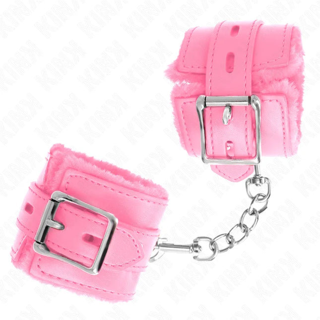KINK - PELZGEFÜTTERTE HANDGELENKFESSELN MIT QUADRATISCHEN LÖCHERN ROSA UND ROSA GÜRTEL VERSTELLBAR 17-29 CM X 6 CM