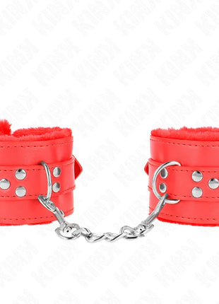 KINK - PELZGEFÜTTERTE HANDGELENKFESSELN MIT QUADRATISCHEN LÖCHERN ROT UND ROTER GÜRTEL VERSTELLBAR 17-29 CM X 6 CM