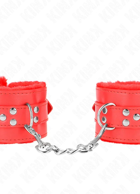KINK - PELZGEFÜTTERTE HANDGELENKFESSELN MIT QUADRATISCHEN LÖCHERN ROT UND ROTER GÜRTEL VERSTELLBAR 17-29 CM X 6 CM