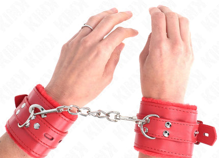 KINK - PELZGEFÜTTERTE HANDGELENKFESSELN MIT QUADRATISCHEN LÖCHERN ROT UND ROTER GÜRTEL VERSTELLBAR 17-29 CM X 6 CM