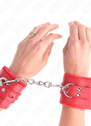 KINK - PELZGEFÜTTERTE HANDGELENKFESSELN MIT QUADRATISCHEN LÖCHERN ROT UND ROTER GÜRTEL VERSTELLBAR 17-29 CM X 6 CM