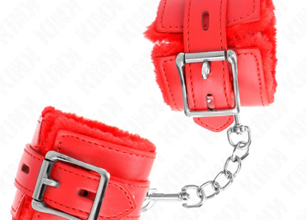 KINK - PELZGEFÜTTERTE HANDGELENKFESSELN MIT QUADRATISCHEN LÖCHERN ROT UND ROTER GÜRTEL VERSTELLBAR 17-29 CM X 6 CM